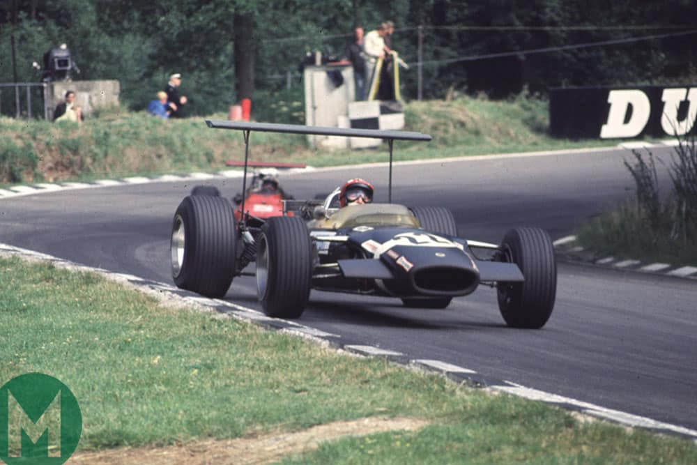 Jo Siffert in the Rob Walker entered Lotus 49B leads Chris Amon's Ferrari in the 1968 British Grand Prix