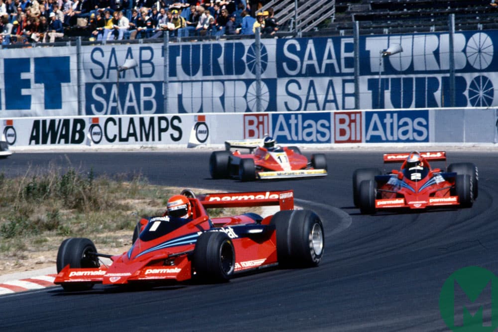 Niki Lauda leads from John Watson in the Brabham BT46B at the 1978 Swedish Grand Prix