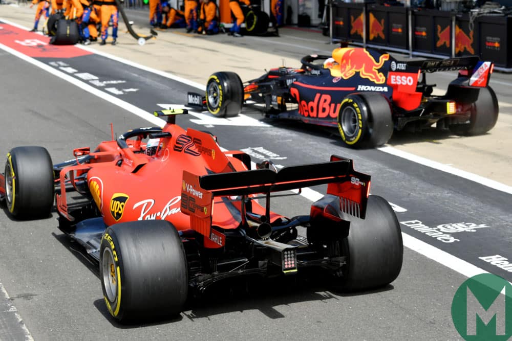 Max Verstappen is released alongside Charles Leclerc in the pitlane