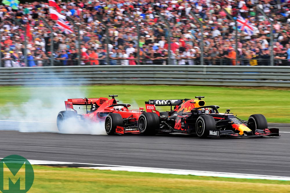 Sebastian Vettel crashes into the back of Max Verstappen at the 2019 British Grand Prix