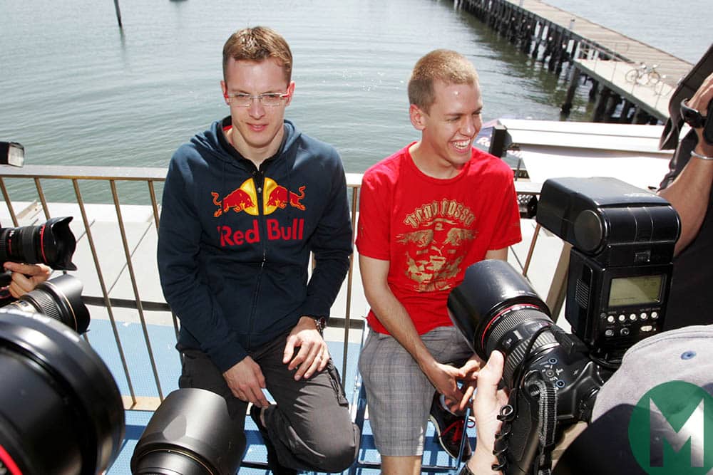 Toro Rosso drivers Sebastien Bourdais and Sebastian Vettel ahead of the 2008 Australian Grand Prix