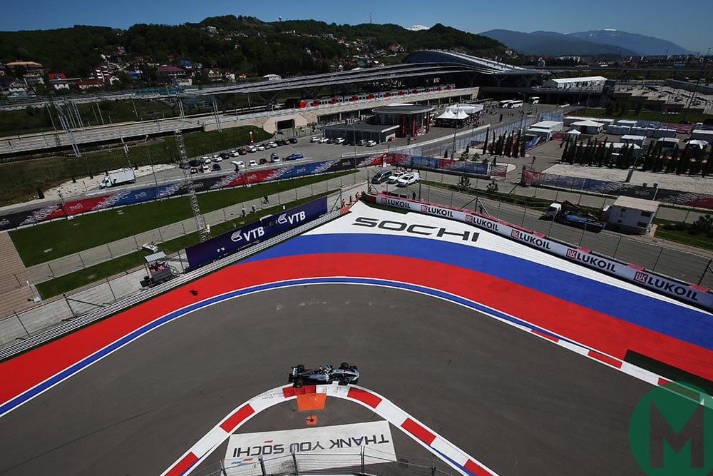 Overhead view of Valtteri Bottas on track in Sochi during the 2017 Russian Grand Prix weekend