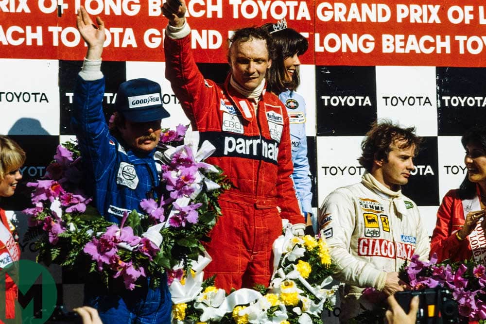 Niki Lauda celebrates winning the Long Beach Grand Prix