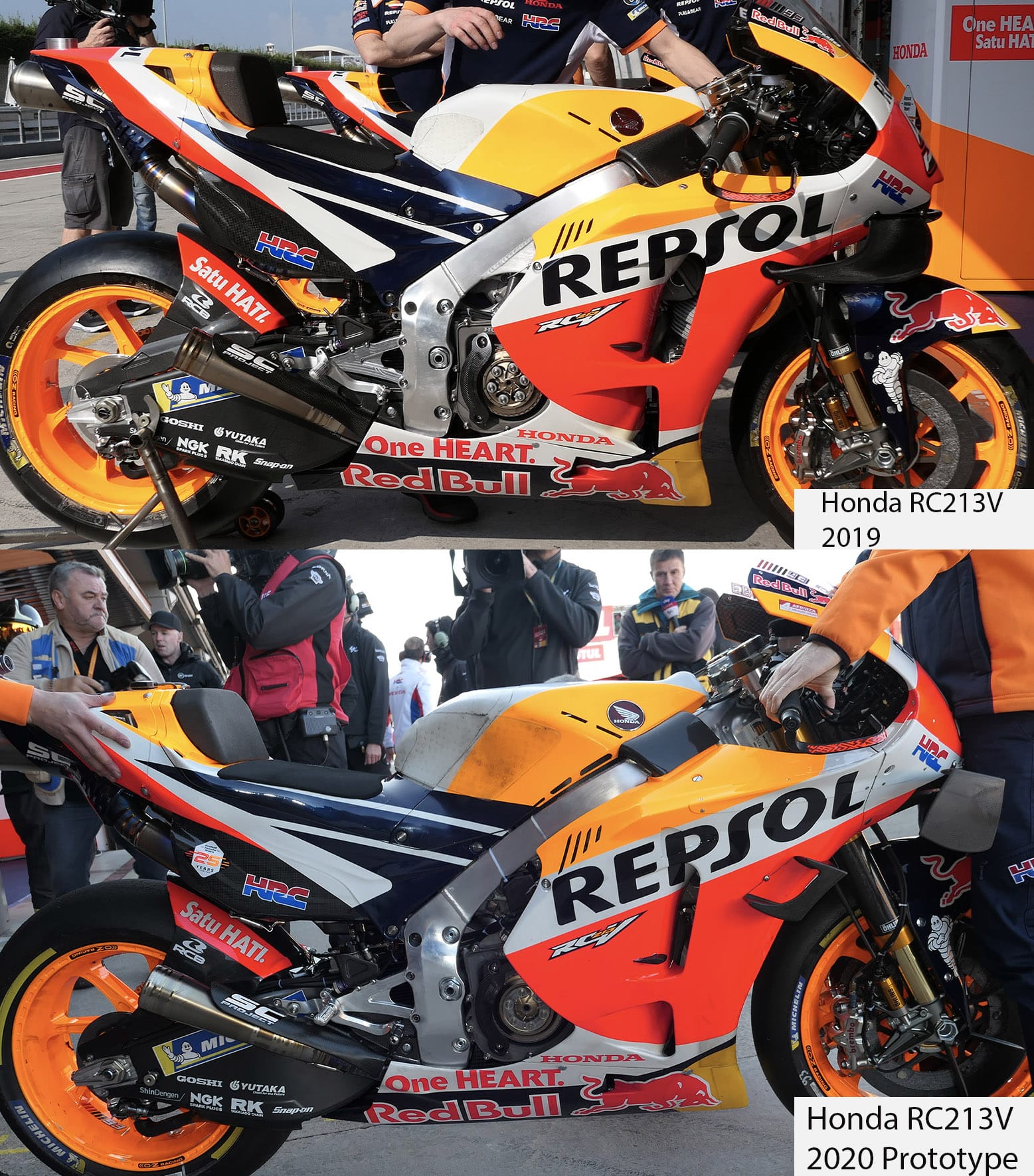 Honda's RC213V 2019 and 2020 prototype bikes during post-season testing
