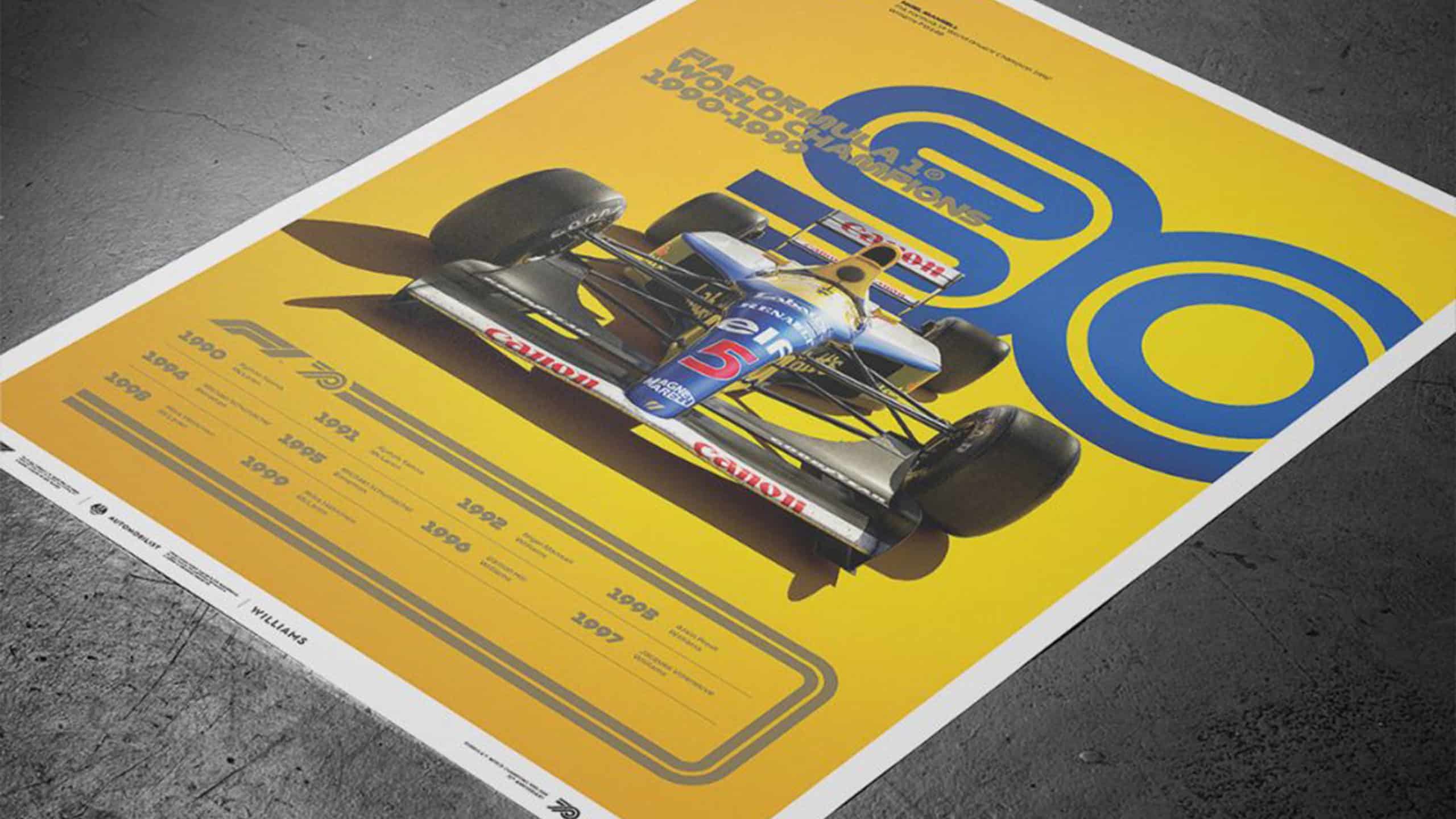 F1 decades 90s poster with 1992 Williams FW14B