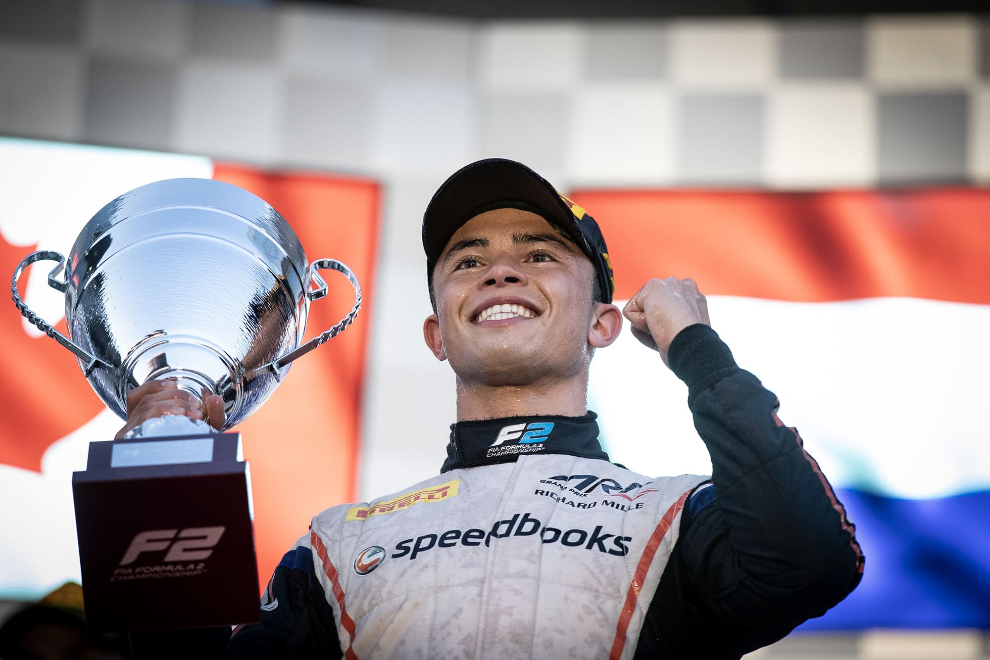 Nyck de Vries celebrates winning in Sochi during the 2019 Formula 2 season