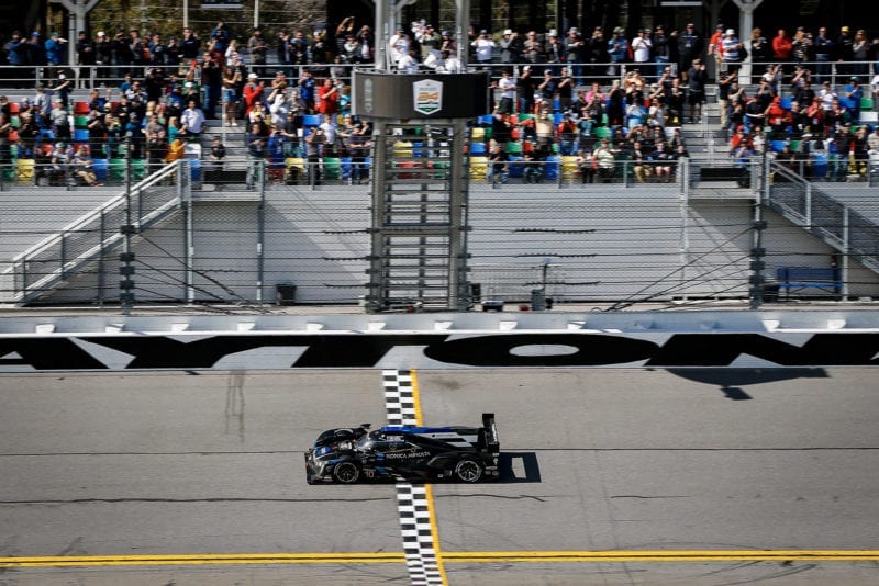 Kamui Kobayashi crosses the finish line to take victory in the 2020 Daytona 24 Hours