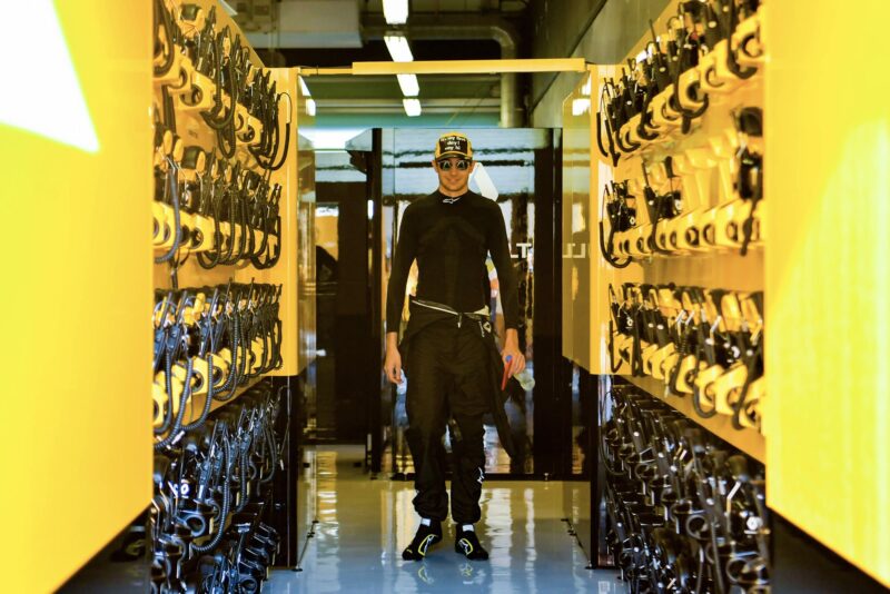 Esteban Ocon in the Renault pit garage in 2019