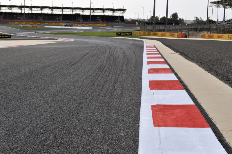 Empty track and stands at the Bahrain International Circuit in Sakhir