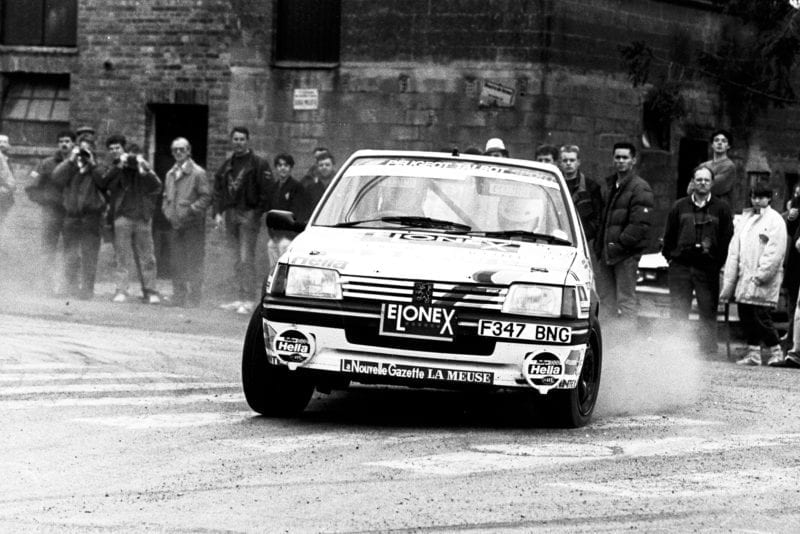 Richard Burns cornering in a Peugeot 205 at Circuit Ardennes in 1991
