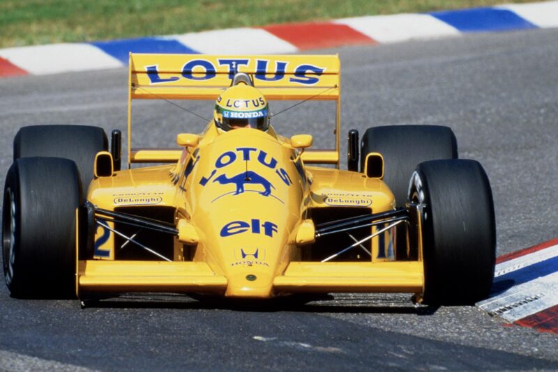 Ayrton Senna in the 1987 Lotus Honda during the German Grand Prix at Hockenheim