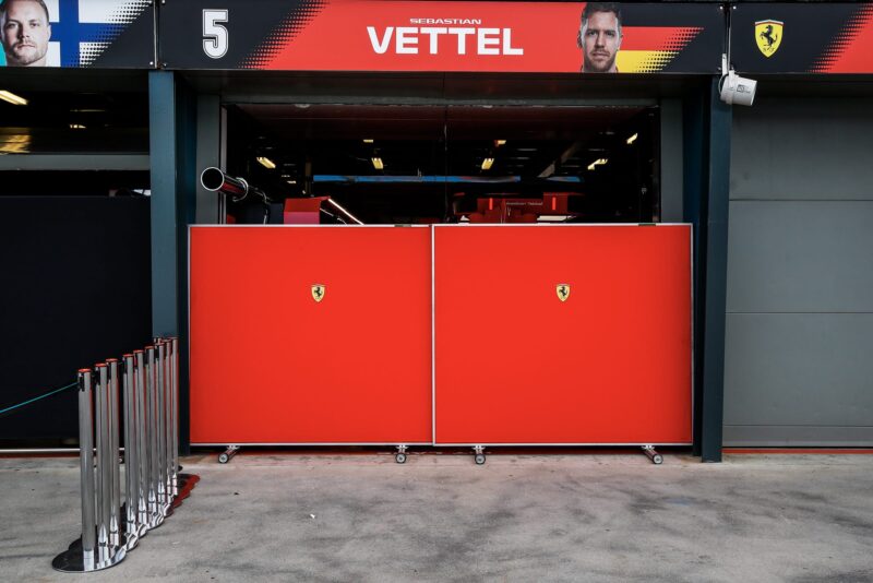 Boards up outside Sebastian Vettel's pit garage after the cancellation of the 2020 F1 Australian Grand Prix