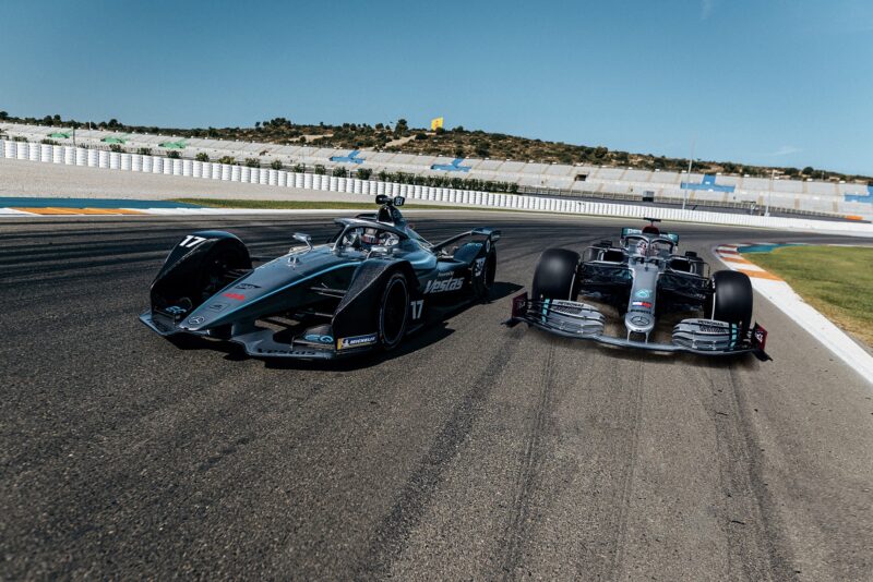 Mercedes Formula E car next to a Mercedes F1 car