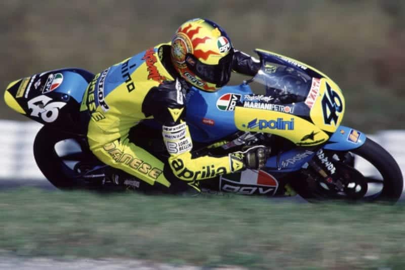 Valentino Rossi on his Aprillia MotoGP bike in 1996