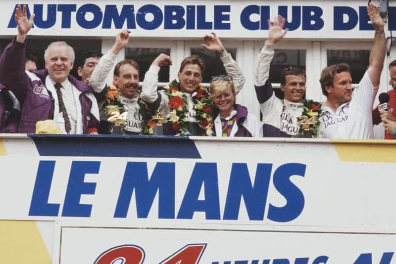 Tom Walkinshaw celebrates LE Mans victory with his TWR Jaguar drivers in 1988