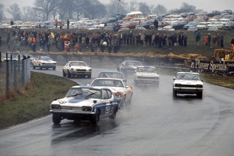 Tom Walkinshaw leading at Mallory Park in a Ford Capri during the 1974 BSCC