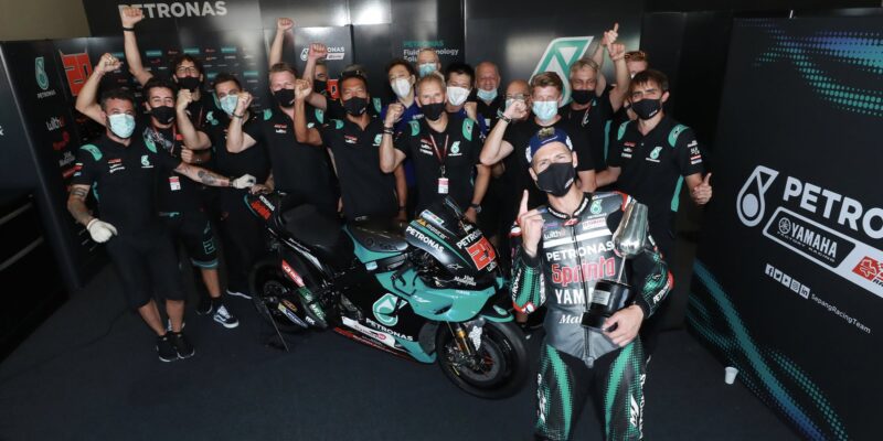 Fabio Quartararo celebrates after winning the MotoGP Andalusian Grand Prix in Jerez