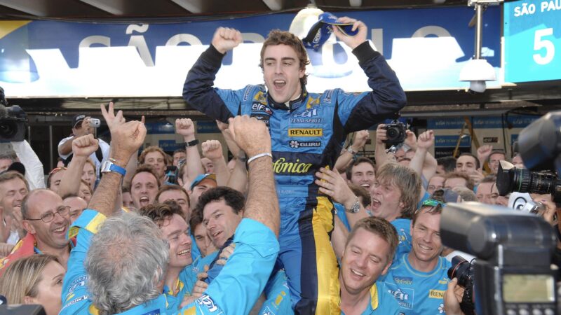 Fernando Alonso celebrates winning the 2006 F1 championship at Interlagos after the Brazilian Grand Prix