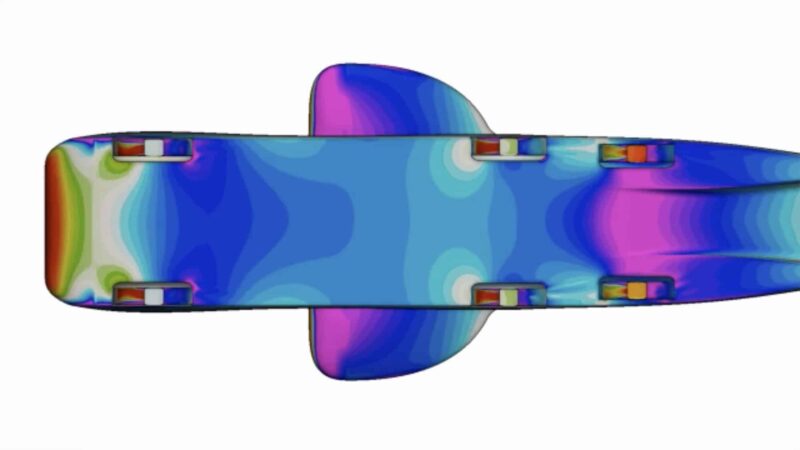 Mercedes T 80 CFD diagram showing lift at the front and downforce at the rear of the land speed record car