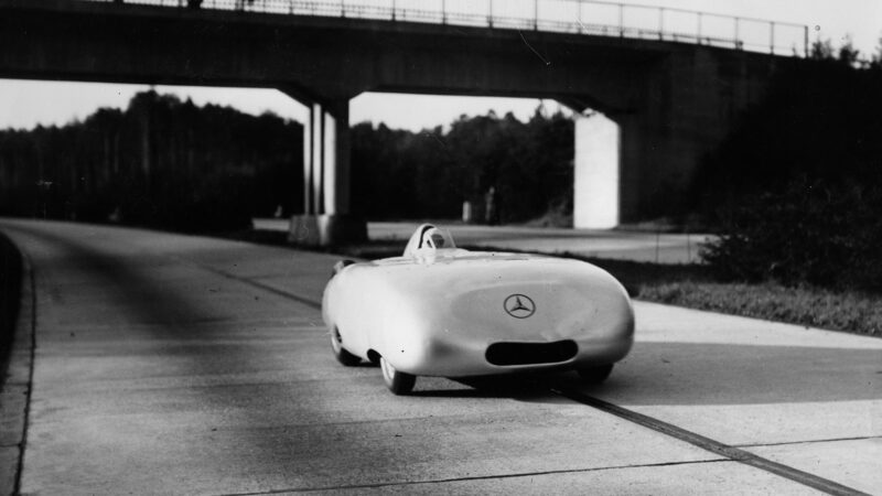 Rudolf Caracciola in a record-breaking run on the Autobahn in his MErcedes in 1936