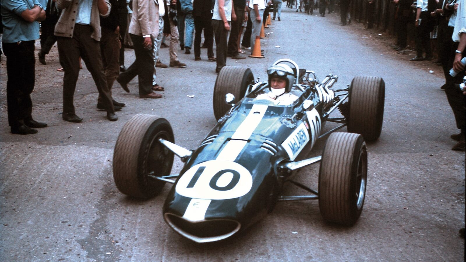 Bruce McLaren's Eagle Westlake during the 1967 British Grand Prix weekend at Silverstone