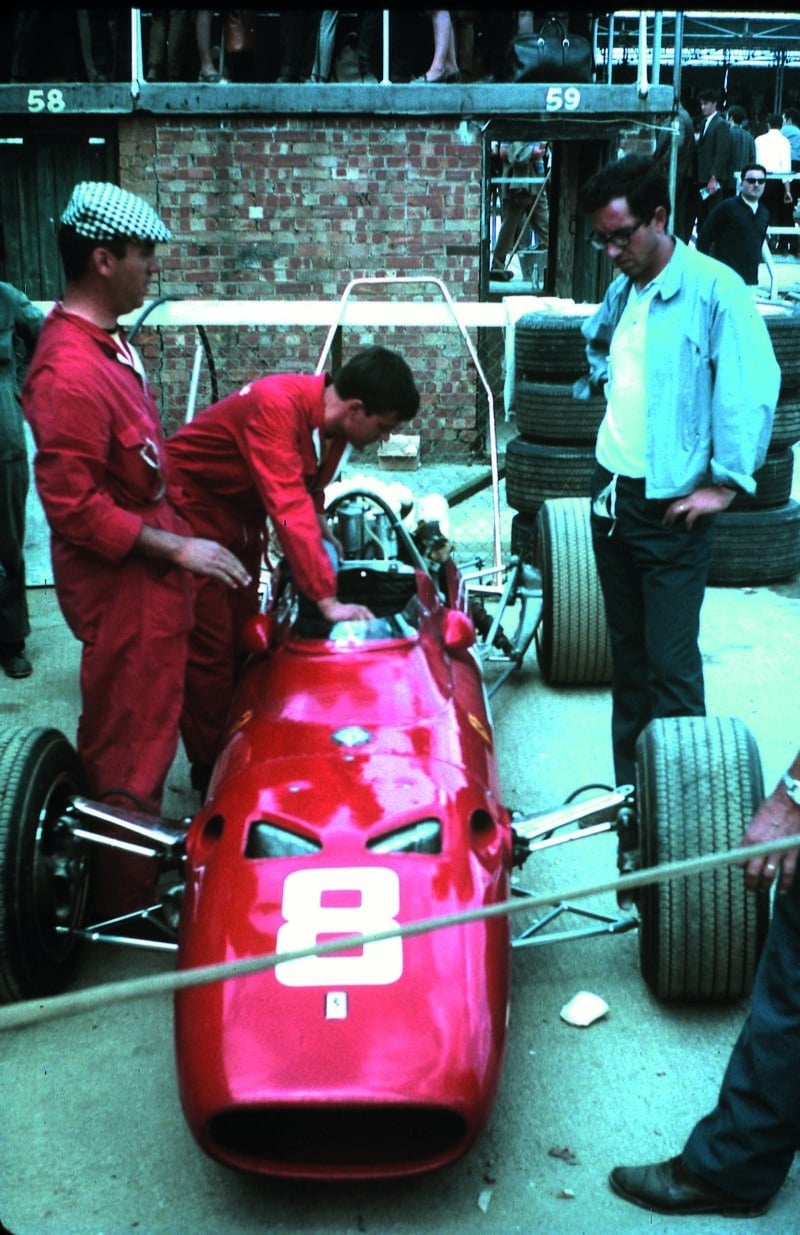 Chris Amon's Ferrari 312 in the paddock at the 1967 British Grand Prix