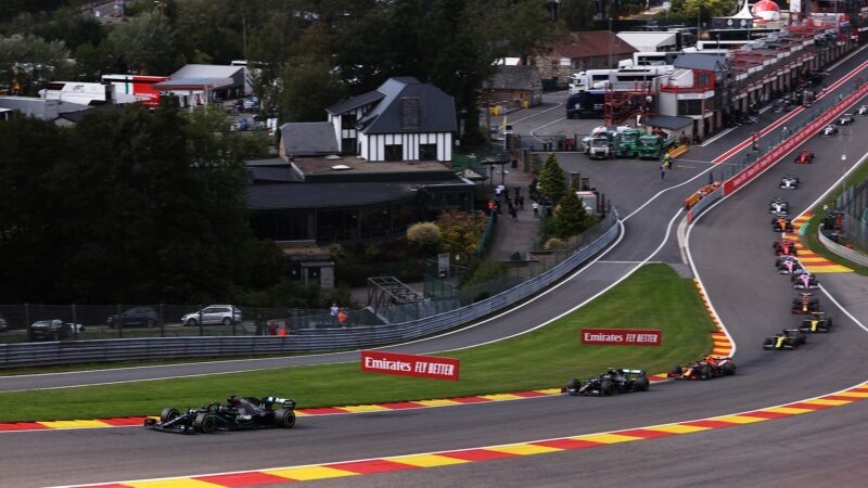 Lewis Hamilton leads through Eau Rouge at Spa Francorchamps on the first lap of the 2020 Belgian Grand Prix