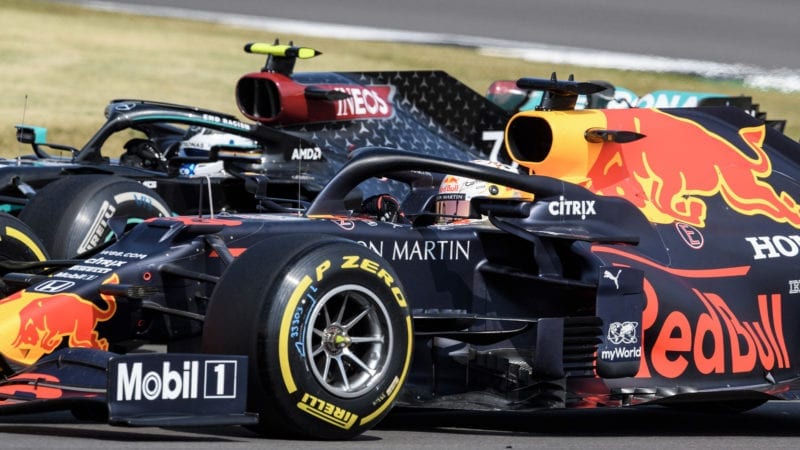 Max Verstappen passes Valtteri Bottas during the 2020 F1 70th Anniversary Grand Prix