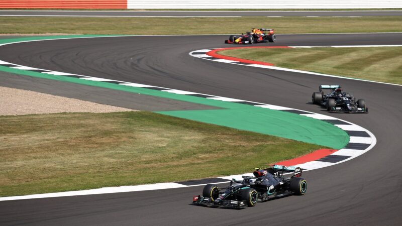 Valtteri Bottas leads Lewis Hamilton and Max Verstappen at the start of the 2020 F1 70th Anniversary Grand Prix