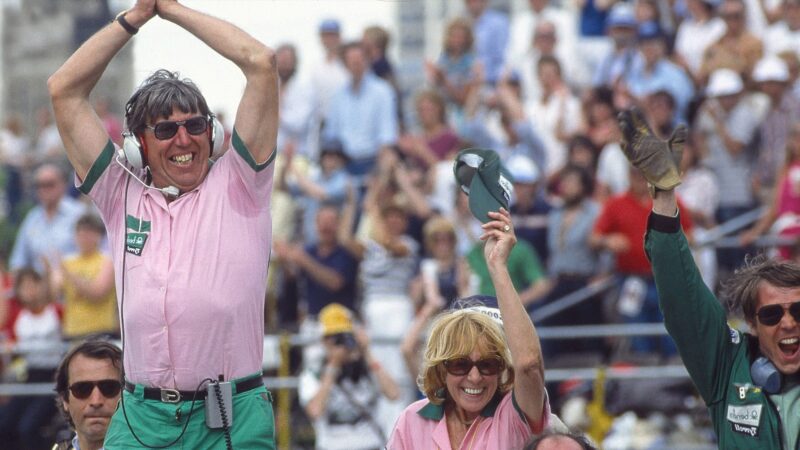 Ken Tyrrell celebrates Michele Alboreto 1983 Detroit GP win