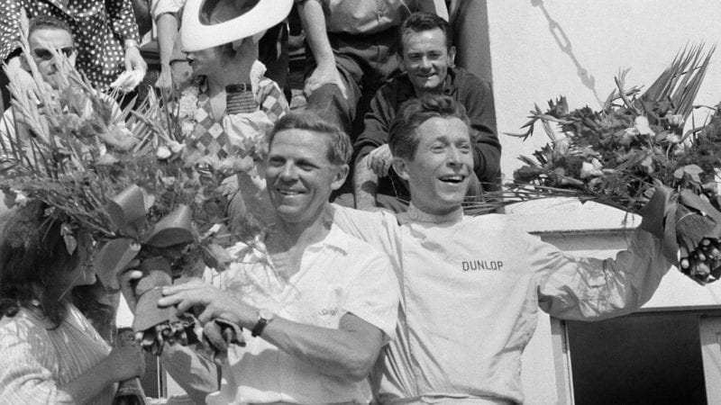 Paul Frere and Olivier Gendebien on the podium after winning the 1960 Le Mans 24 Hours