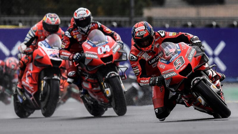 Danilo Petrucci, Andrea Dovizioso and Jack Miller at Le Mans during the 2020 MotoGP French Grand Prix