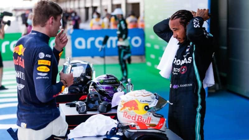 Max Verstappen talks to Lewis Hamilton at the 2020 F1 Spanish Grand Prix