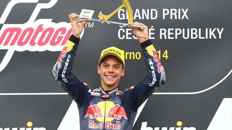 A young Joan Mir celebrates MotoGP Rookies victory at Brno in 2014