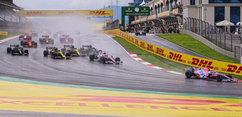 Lance Stroll leads for Racing Point atv the start of the 2020 F1 Turkish Grand Prix at Istanbul Park