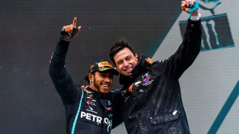 Lewis Hamilton and Toto Wolff celebrate victory in the 2020 F1 Turkish Grand Prix and a 7th drivers' championship