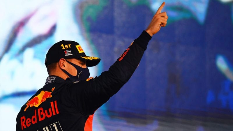Max Verstappen salutes as the winner of the 2020 Abu Dhabi Grand Prix