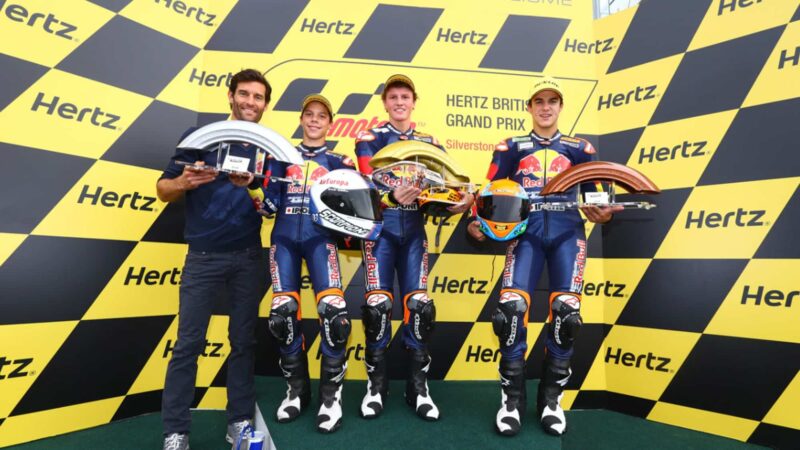 Red Bull Rookies Joan Mir Scott Deroue and Marcos Ramirez on the podium at the 2013 British GP