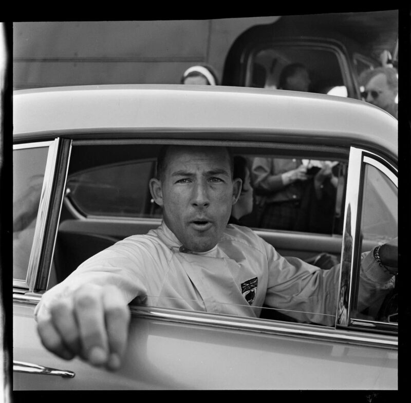 Stirling Moss arrives at Silverstone for the 1958 International Trophy