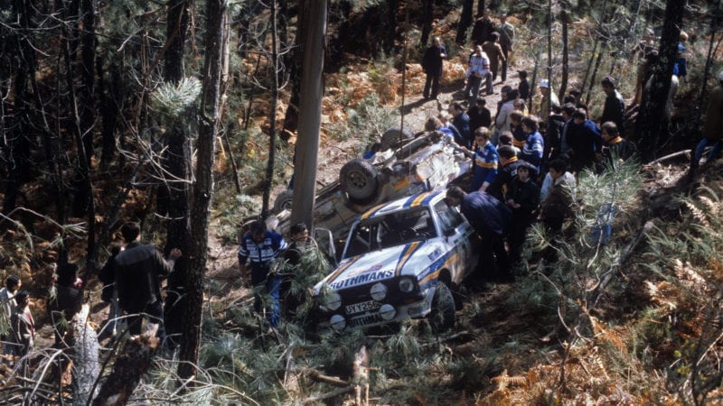 Hannu Mikkola and Ari Vatanen crashed out of the 1980 Portugal Rally