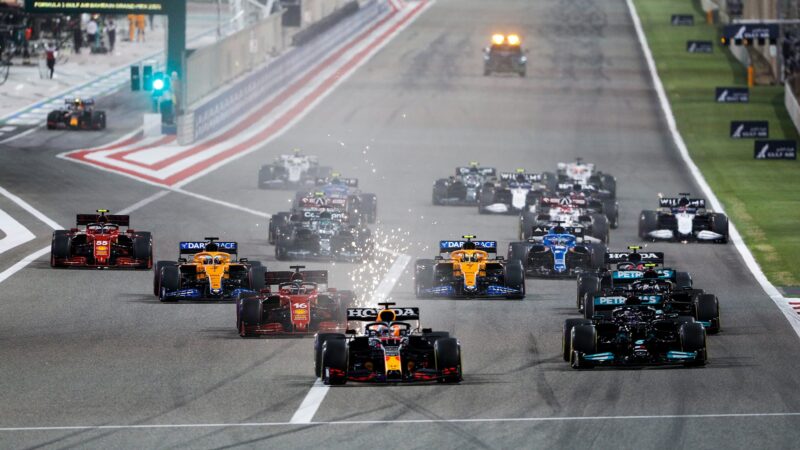 Max Verstappen leads at the start of the 2021 Bahrain Grand Prix