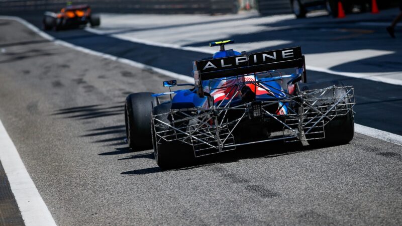 Rear aero rake on Alpine in 2021 F1 testing