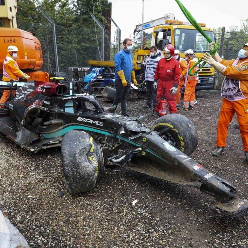 Mercedes of Valtteri Bottas after crashing out of the 2021 Emilia Romagna Grand Prix