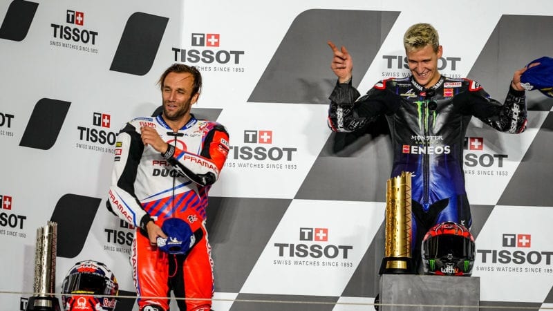 Johann Zarco with Fabio Quratararo on the MotoGP podium after the Doha GP