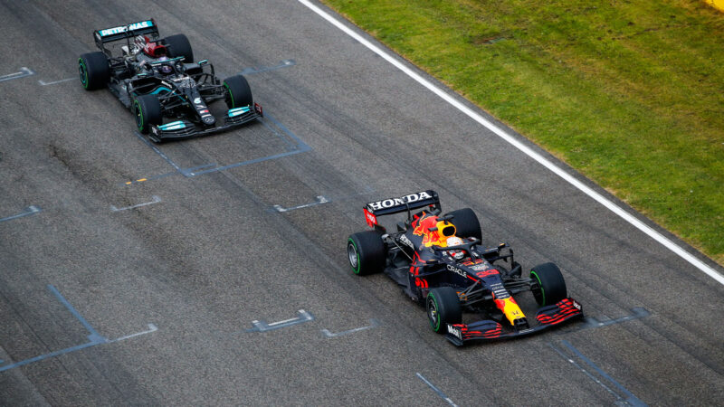 Max Verstappen leads Lewis Hamilton in the 2021 Emilia Romagna Grand Prix