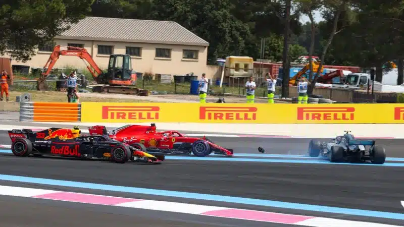 Valtteri Bottas spins after being hit by Sebastian Vettel at the 2018 French Grand Prix