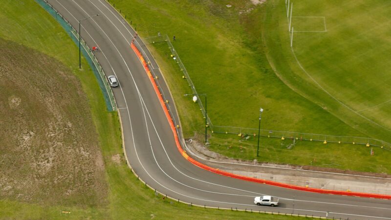 MELBOURNE, AUSTRALIA - APRIL 14: Works can been see on alterations being made to turn 1 at the Formula 1 Australian Grand Prix track in Albert Park on April 14, 2021 in Melbourne, Australia. (Photo by Darrian Traynor/Getty Images)