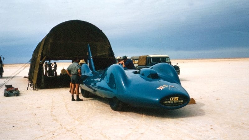 Bluebird land speed record car at Lake Eyre in 1964
