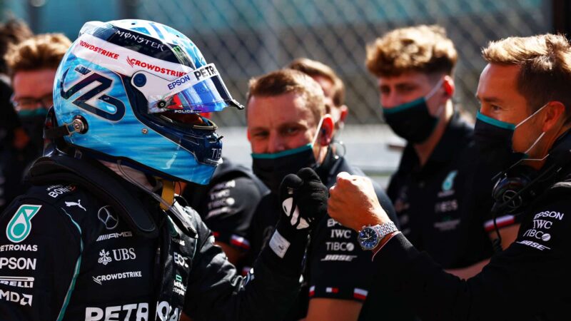 PORTIMAO, PORTUGAL - MAY 01: Pole position qualifier Valtteri Bottas of Finland and Mercedes GP celebrates in parc ferme during qualifying for the F1 Grand Prix of Portugal at Autodromo Internacional Do Algarve on May 01, 2021 in Portimao, Portugal. (Photo by Dan Istitene - Formula 1/Formula 1 via Getty Images)