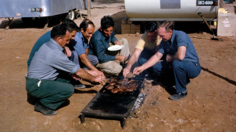 Bluebird land speed record crew have a barbecue on Lake Eyre